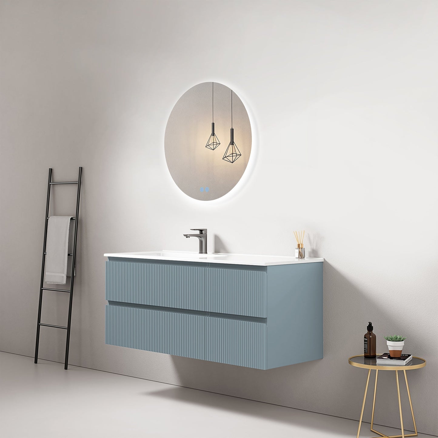 Mobile bagno sospeso cannettato 120 cm Blu Avio Lavabo a Sinistra in Ceramica Specchio Tondo Retroilluminato - Fiji Paint