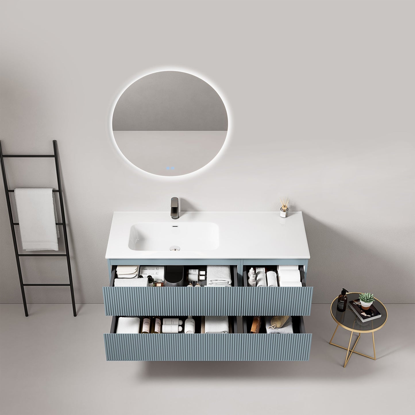 Mobile bagno sospeso cannettato 120 cm Blu Avio Lavabo a Sinistra in Ceramica Specchio Tondo Retroilluminato - Fiji Paint