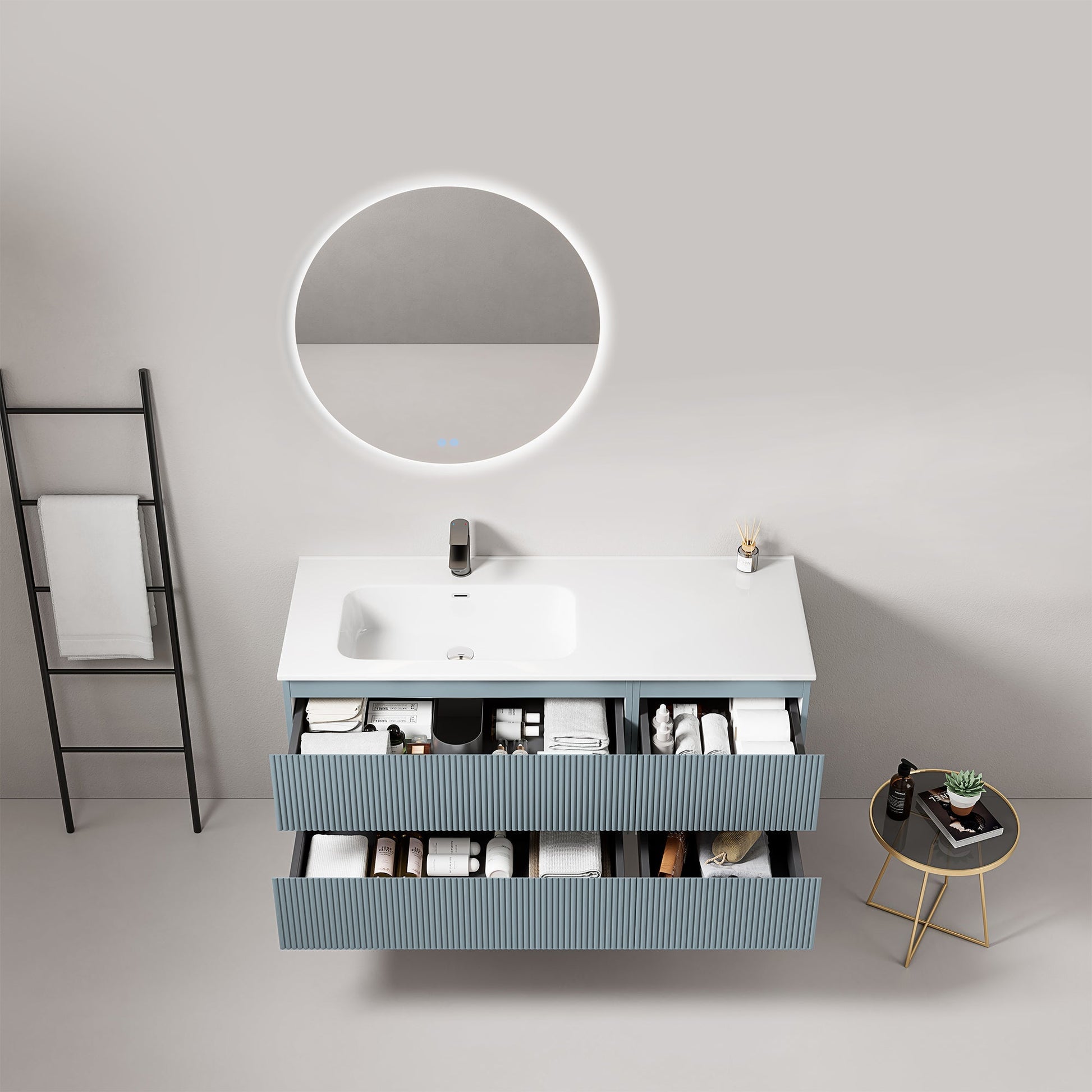 Mobile bagno sospeso cannettato 120 cm Blu Avio Lavabo a Sinistra in Ceramica Specchio Tondo Retroilluminato - Fiji Paint