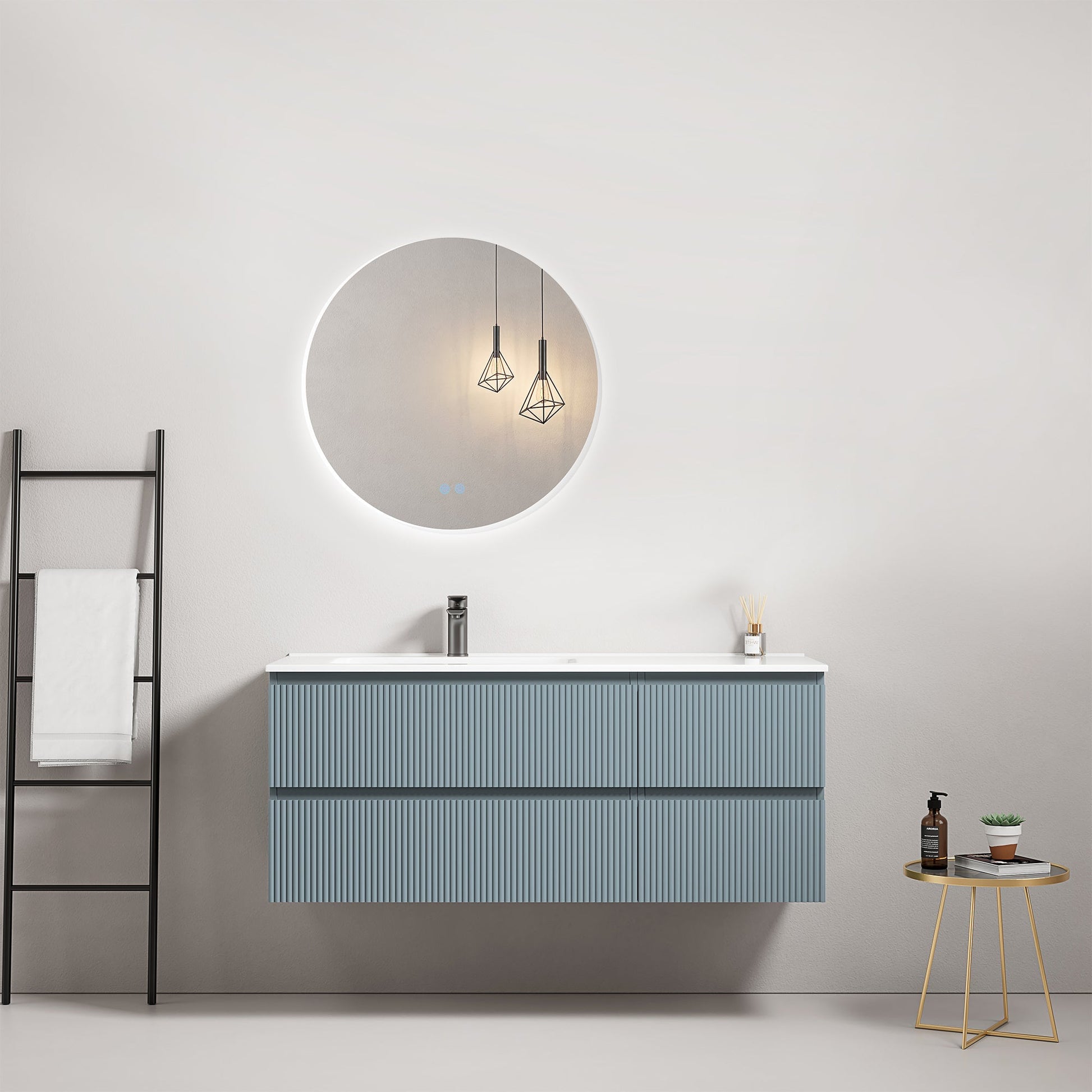 Mobile bagno sospeso cannettato 120 cm Blu Avio Lavabo a Sinistra in Ceramica Specchio Tondo Retroilluminato - Fiji Paint