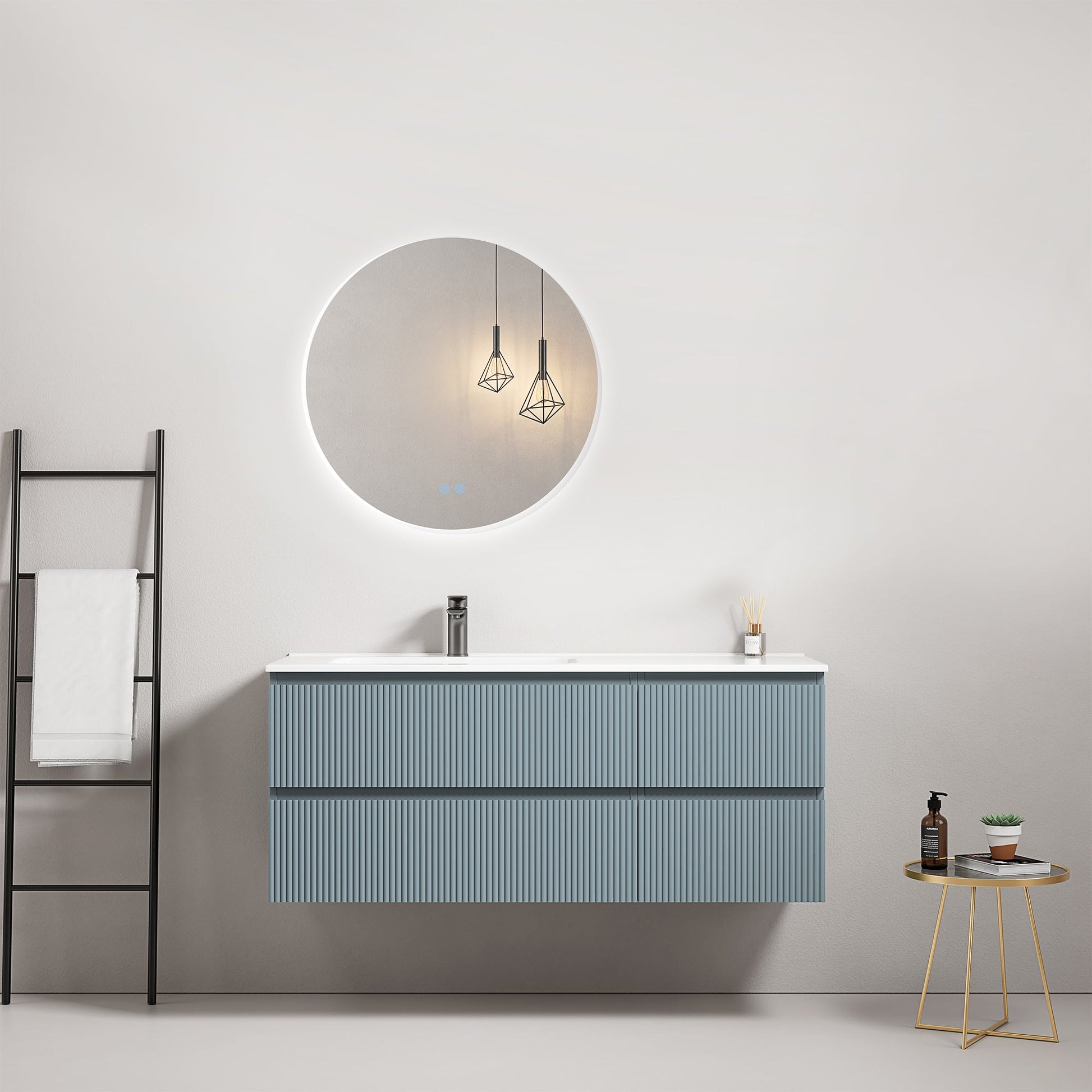 Mobile bagno sospeso cannettato 120 cm Blu Avio Lavabo a Sinistra in Ceramica Specchio Tondo Retroilluminato - Fiji Paint.