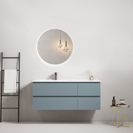 Mobile bagno sospeso cannettato 120 cm Blu Avio Lavabo a Sinistra in Ceramica Specchio Tondo Retroilluminato - Fiji Paint.