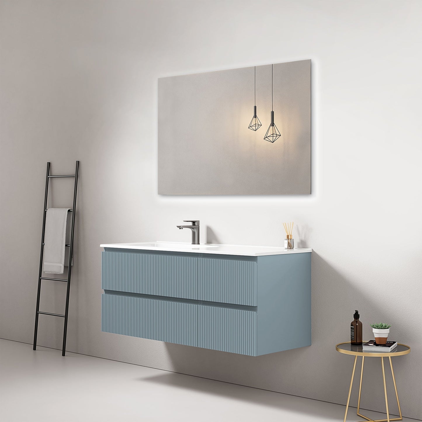 Mobile bagno sospeso cannettato 120 cm Blu Avio Lavabo a Sinistra in Ceramica Specchio Quadro - Fiji Paint