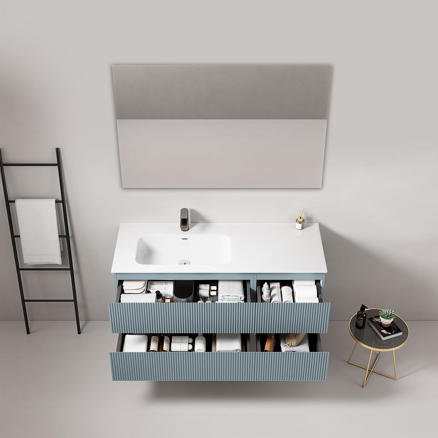 Mobile bagno sospeso cannettato 120 cm Blu Avio Lavabo a Sinistra in Ceramica Specchio Quadro - Fiji Paint