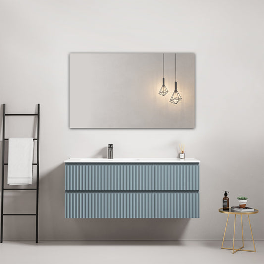 Mobile bagno sospeso cannettato 120 cm Blu Avio Lavabo a Sinistra in Ceramica Specchio Quadro - Fiji Paint