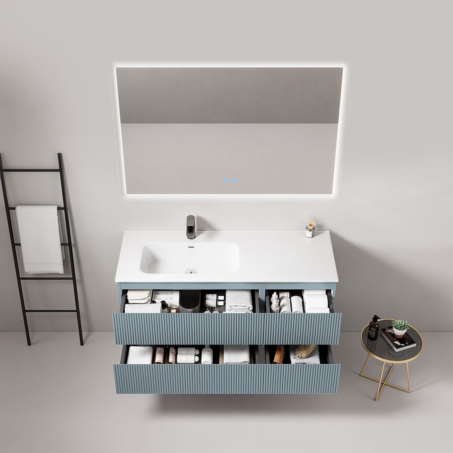Mobile bagno sospeso cannettato 120 cm Blu Avio Lavabo a Sinistra in Ceramica Specchio Quadro Retroilluminato - Fiji Paint