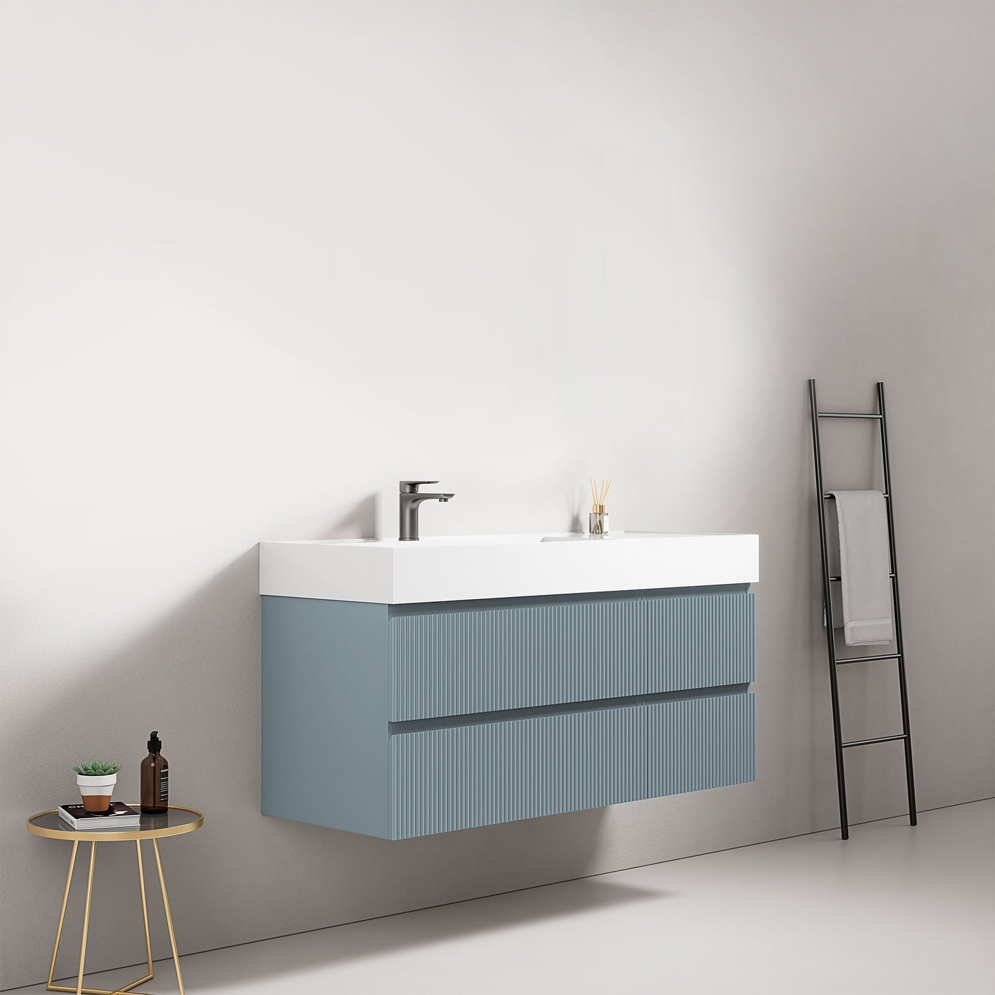 Mobile bagno sospeso cannettato 120 cm Blu Avio Lavabo a Sinistra in Resina Senza Specchio - Fiji Paint