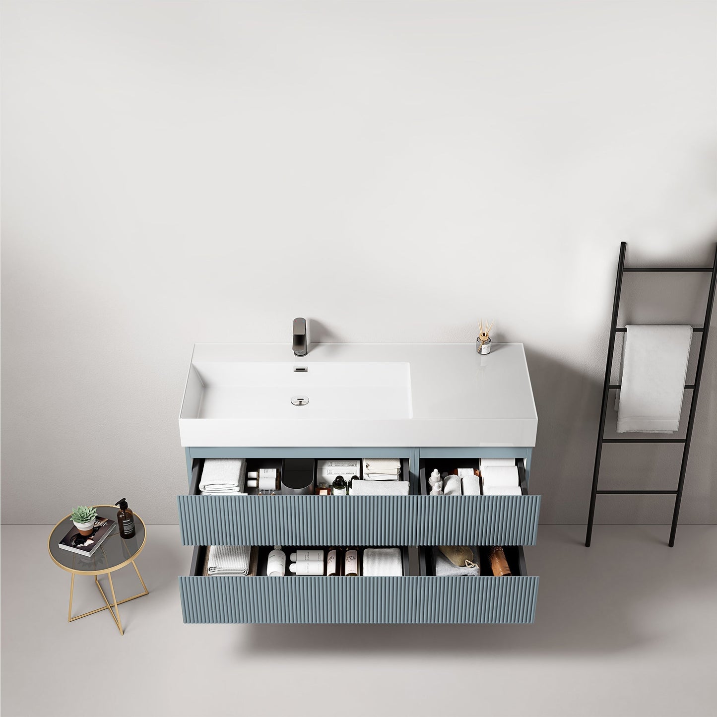 Mobile bagno sospeso cannettato 120 cm Blu Avio Lavabo a Sinistra in Resina Senza Specchio - Fiji Paint