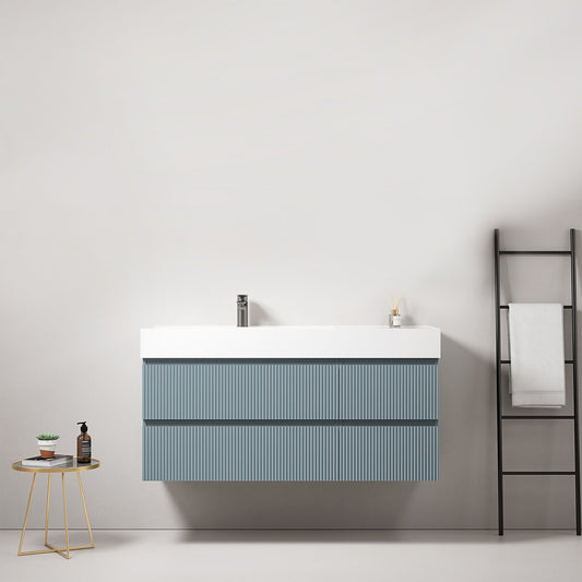 Mobile bagno sospeso cannettato 120 cm Blu Avio Lavabo a Sinistra in Resina Senza Specchio - Fiji Paint