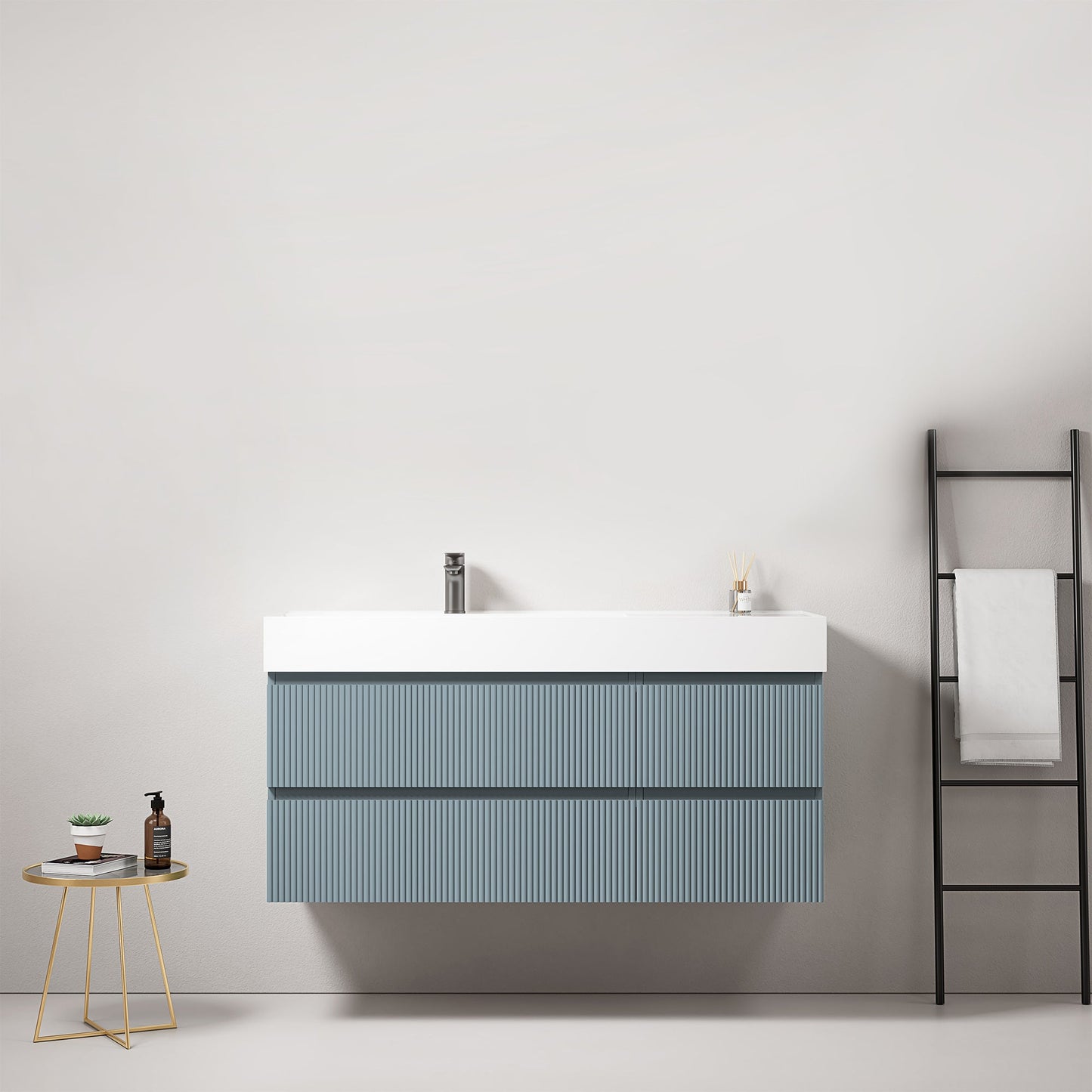 Mobile bagno sospeso cannettato 120 cm Blu Avio Lavabo a Sinistra in Resina Senza Specchio - Fiji Paint