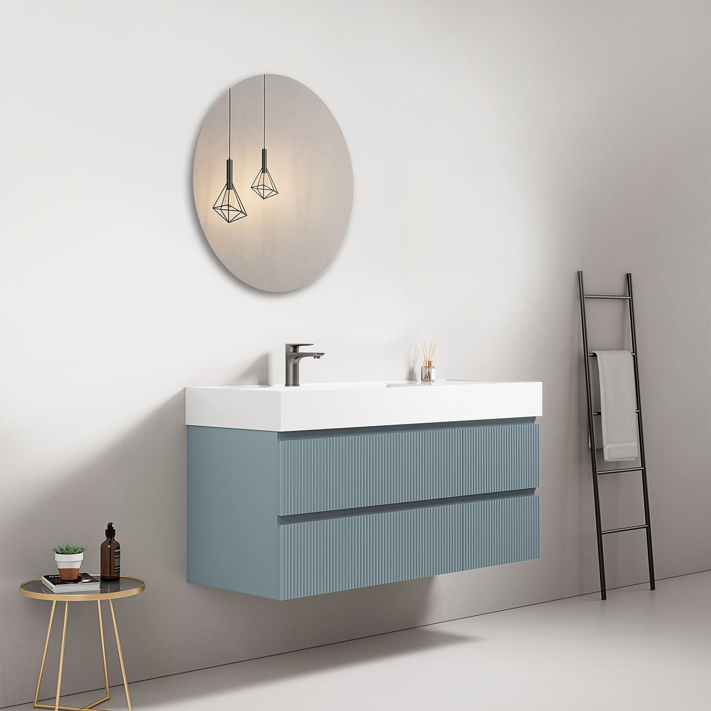 Mobile bagno sospeso cannettato 120 cm Blu Avio Lavabo a Sinistra in Resina Specchio Tondo - Fiji Paint