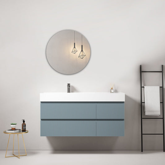 Mobile bagno sospeso cannettato 120 cm Blu Avio Lavabo a Sinistra in Resina Specchio Tondo - Fiji Paint