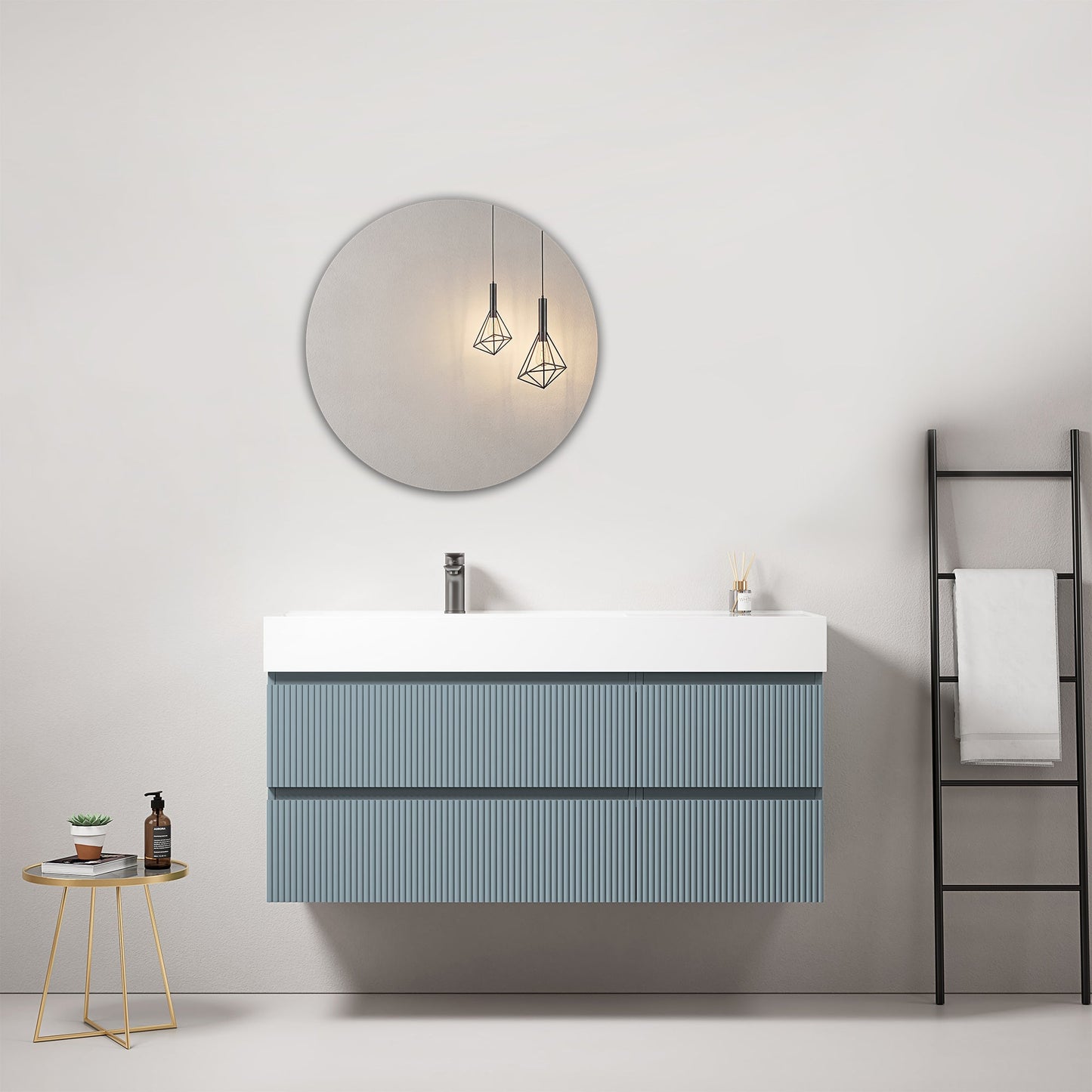 Mobile bagno sospeso cannettato 120 cm Blu Avio Lavabo a Sinistra in Resina Specchio Tondo - Fiji Paint