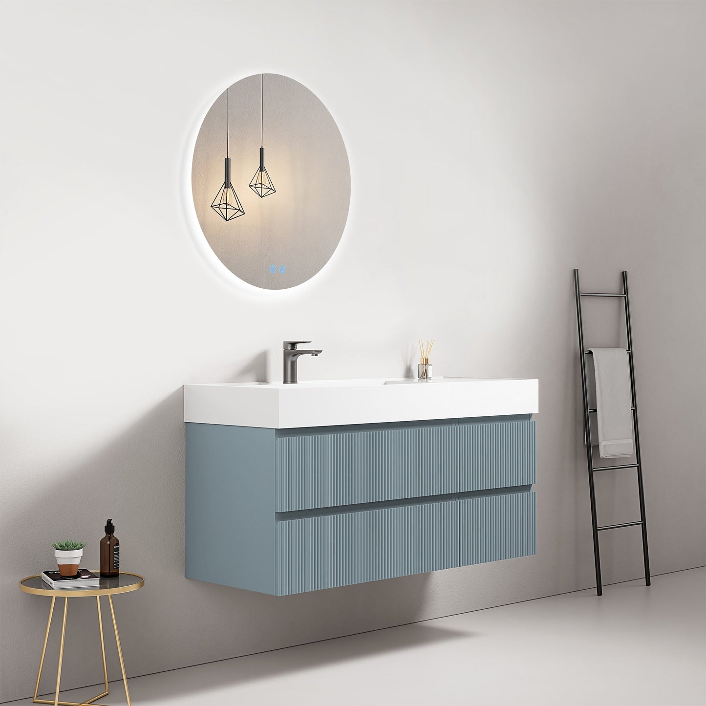 Mobile bagno sospeso cannettato 120 cm Blu Avio Lavabo a Sinistra in Resina Specchio Tondo Retroilluminato - Fiji Paint