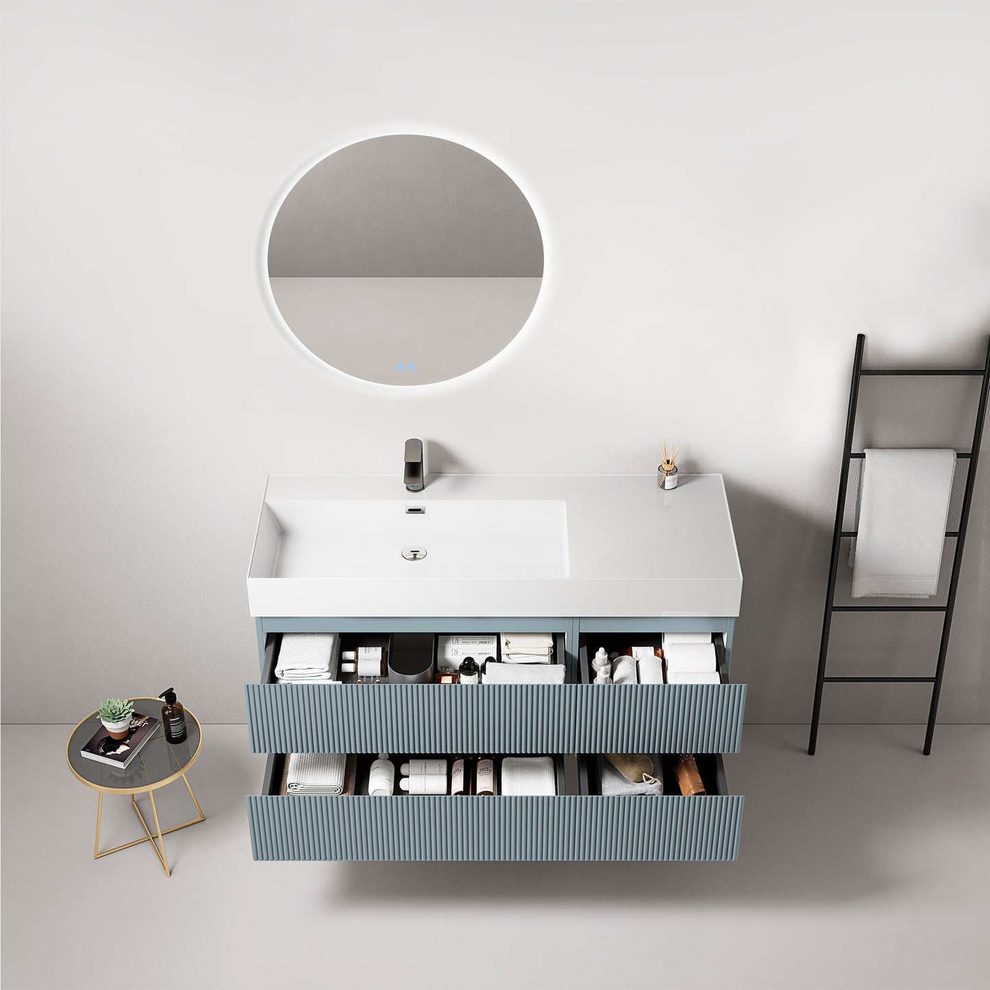 Mobile bagno sospeso cannettato 120 cm Blu Avio Lavabo a Sinistra in Resina Specchio Tondo Retroilluminato - Fiji Paint.