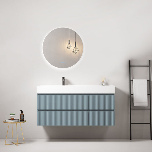 Mobile bagno sospeso cannettato 120 cm Blu Avio Lavabo a Sinistra in Resina Specchio Tondo Retroilluminato - Fiji Paint