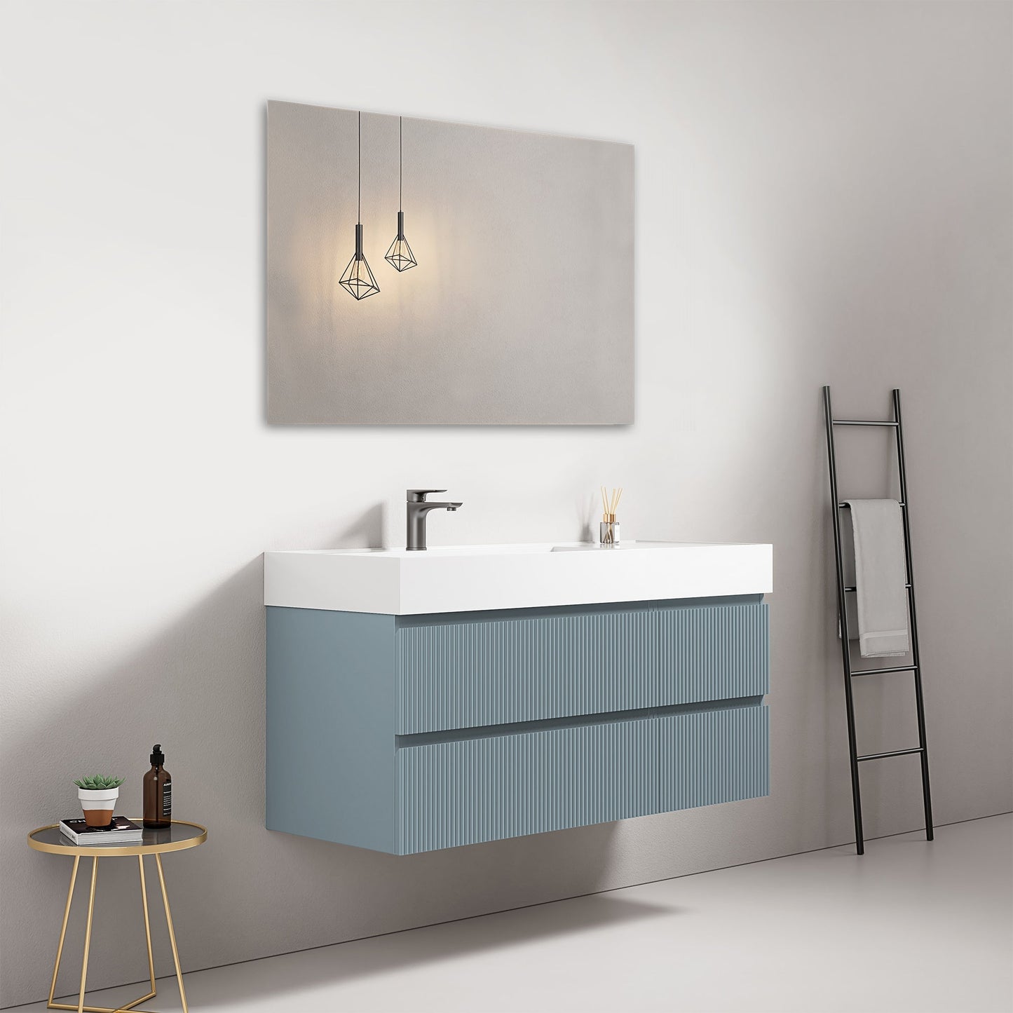 Mobile bagno sospeso cannettato 120 cm Blu Avio Lavabo a Sinistra in Resina Specchio Quadro - Fiji Paint