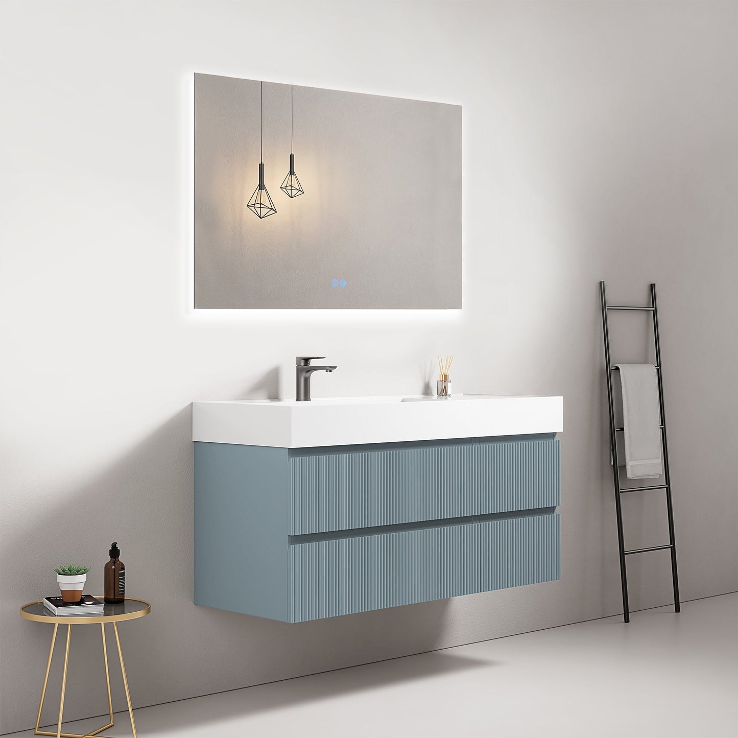 Mobile bagno sospeso cannettato 120 cm Blu Avio Lavabo a Sinistra in Resina Specchio Quadro Retroilluminato - Fiji Paint