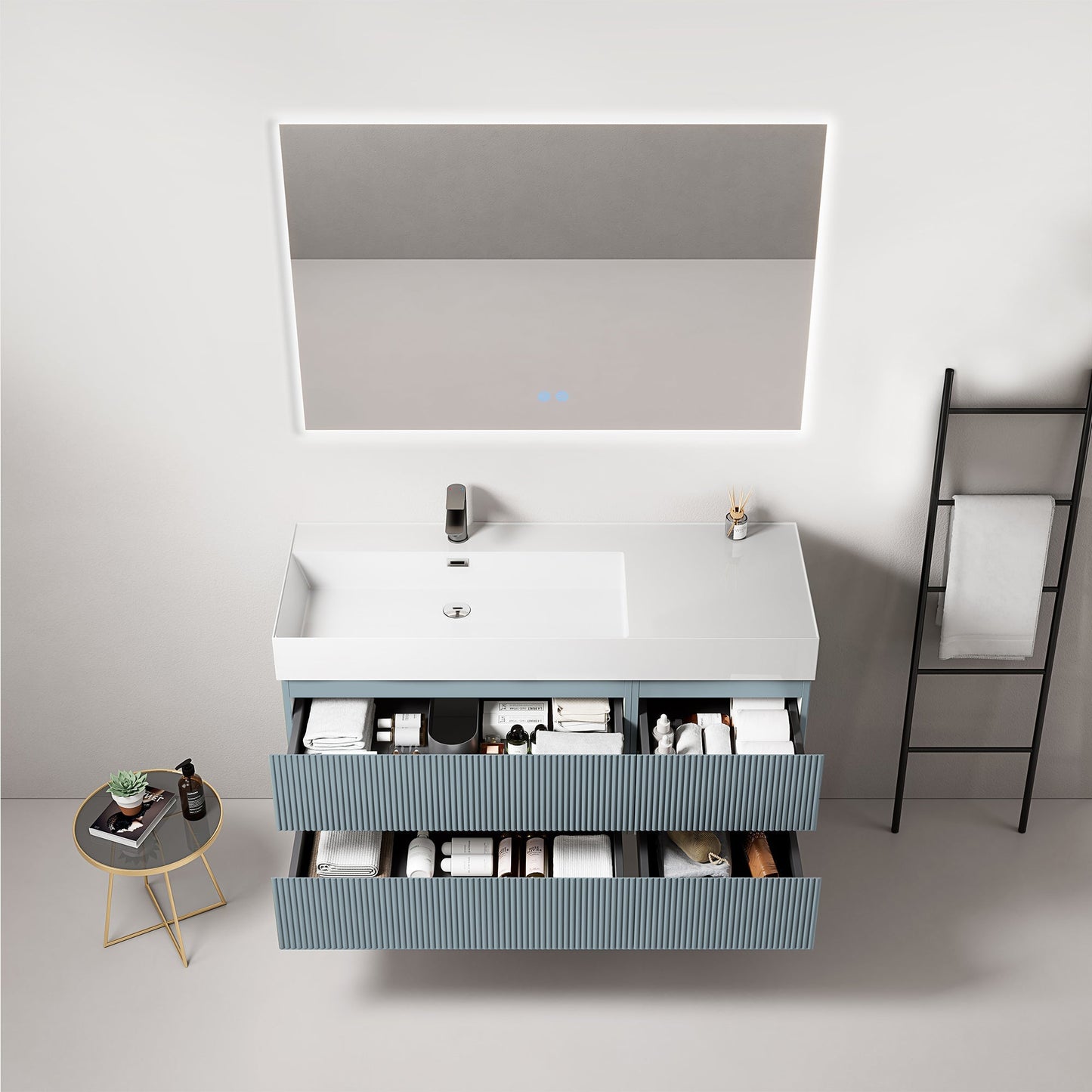 Mobile bagno sospeso cannettato 120 cm Blu Avio Lavabo a Sinistra in Resina Specchio Quadro Retroilluminato - Fiji Paint