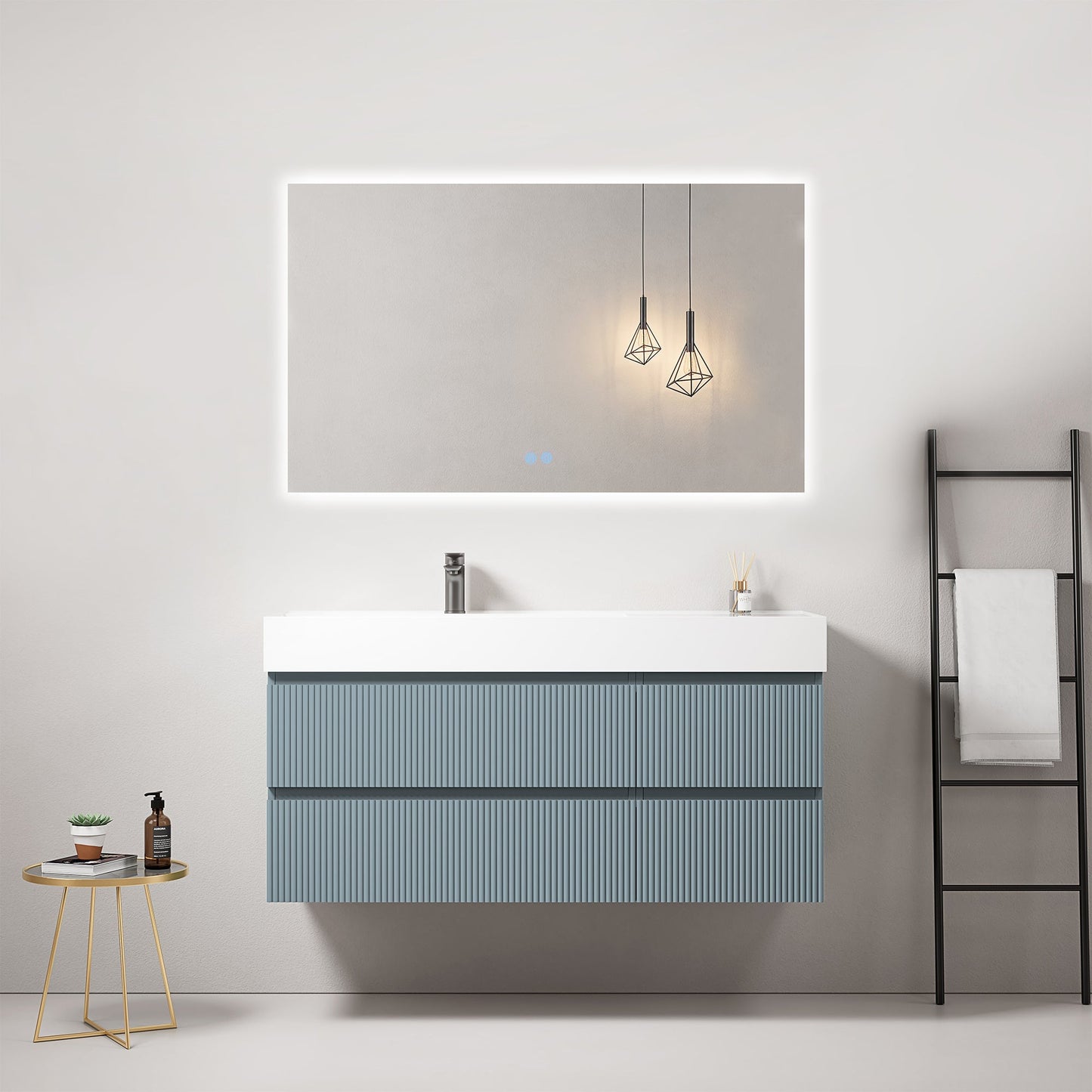 Mobile bagno sospeso cannettato 120 cm Blu Avio Lavabo a Sinistra in Resina Specchio Quadro Retroilluminato - Fiji Paint