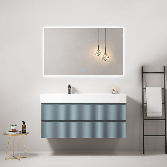 Mobile bagno sospeso cannettato 120 cm Blu Avio Lavabo a Sinistra in Resina Specchio Quadro Retroilluminato - Fiji Paint