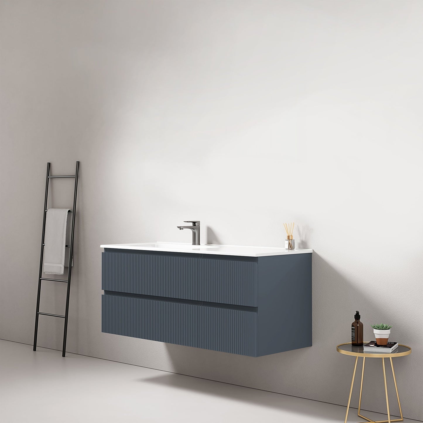 Mobile bagno sospeso cannettato 120 cm Blu Mare Lavabo a Sinistra in Ceramica Senza Specchio - Fiji Paint