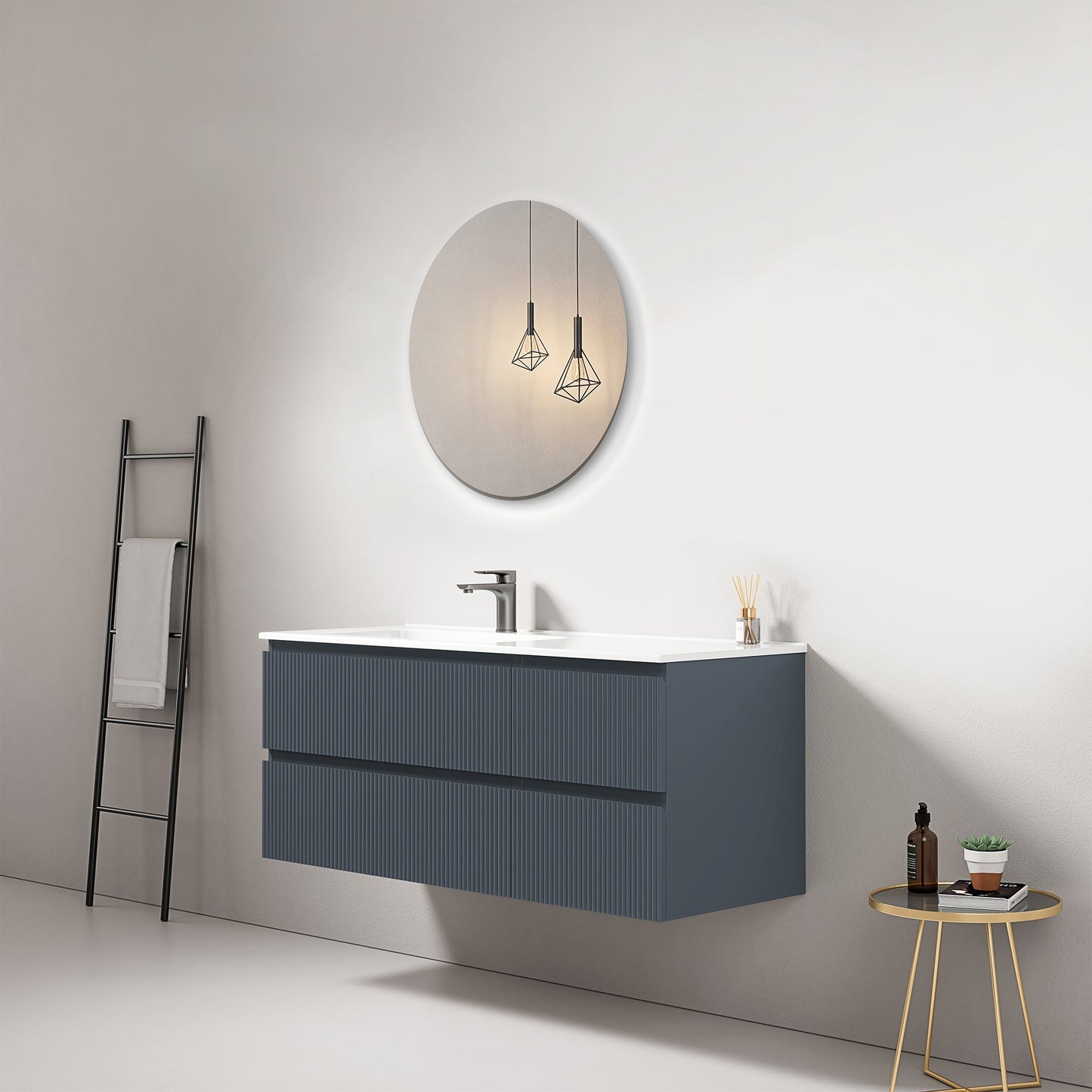 Mobile bagno sospeso cannettato 120 cm Blu Mare Lavabo a Sinistra in Ceramica Specchio Tondo - Fiji Paint