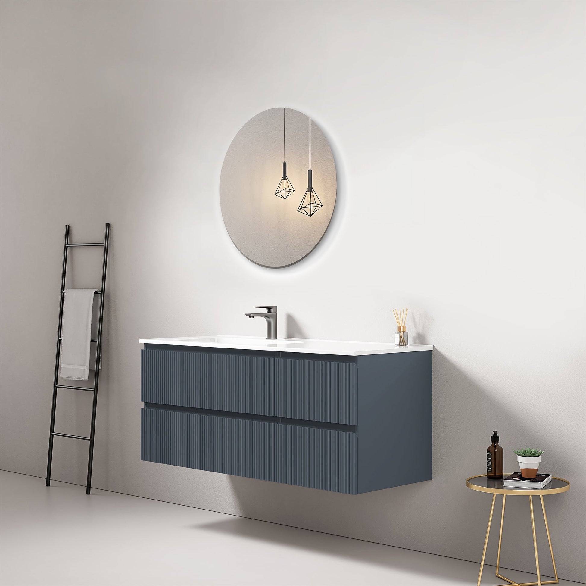 Mobile bagno sospeso cannettato 120 cm Blu Mare Lavabo a Sinistra in Ceramica Specchio Tondo - Fiji Paint