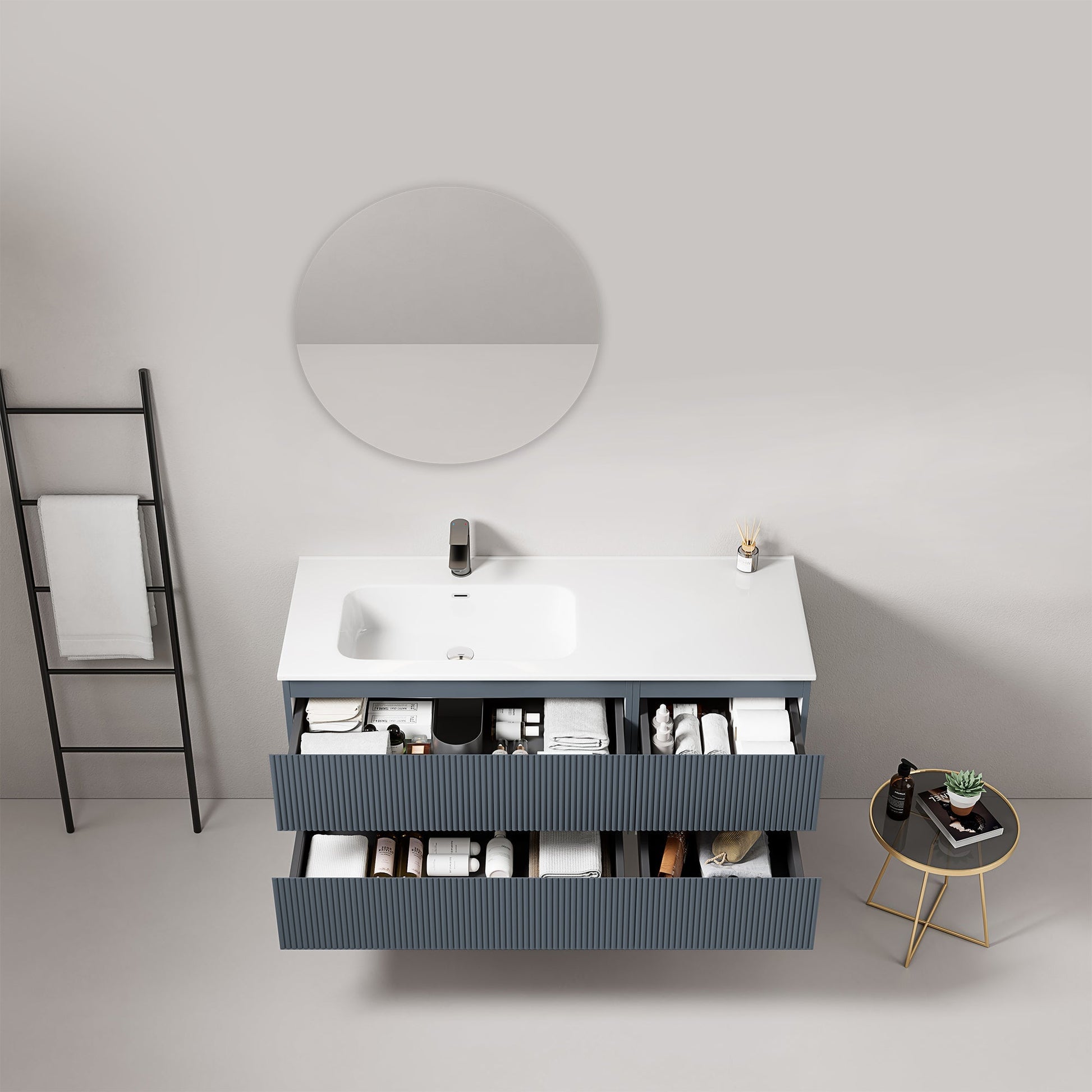 Mobile bagno sospeso cannettato 120 cm Blu Mare Lavabo a Sinistra in Ceramica Specchio Tondo - Fiji Paint con lavabo e ante aperte