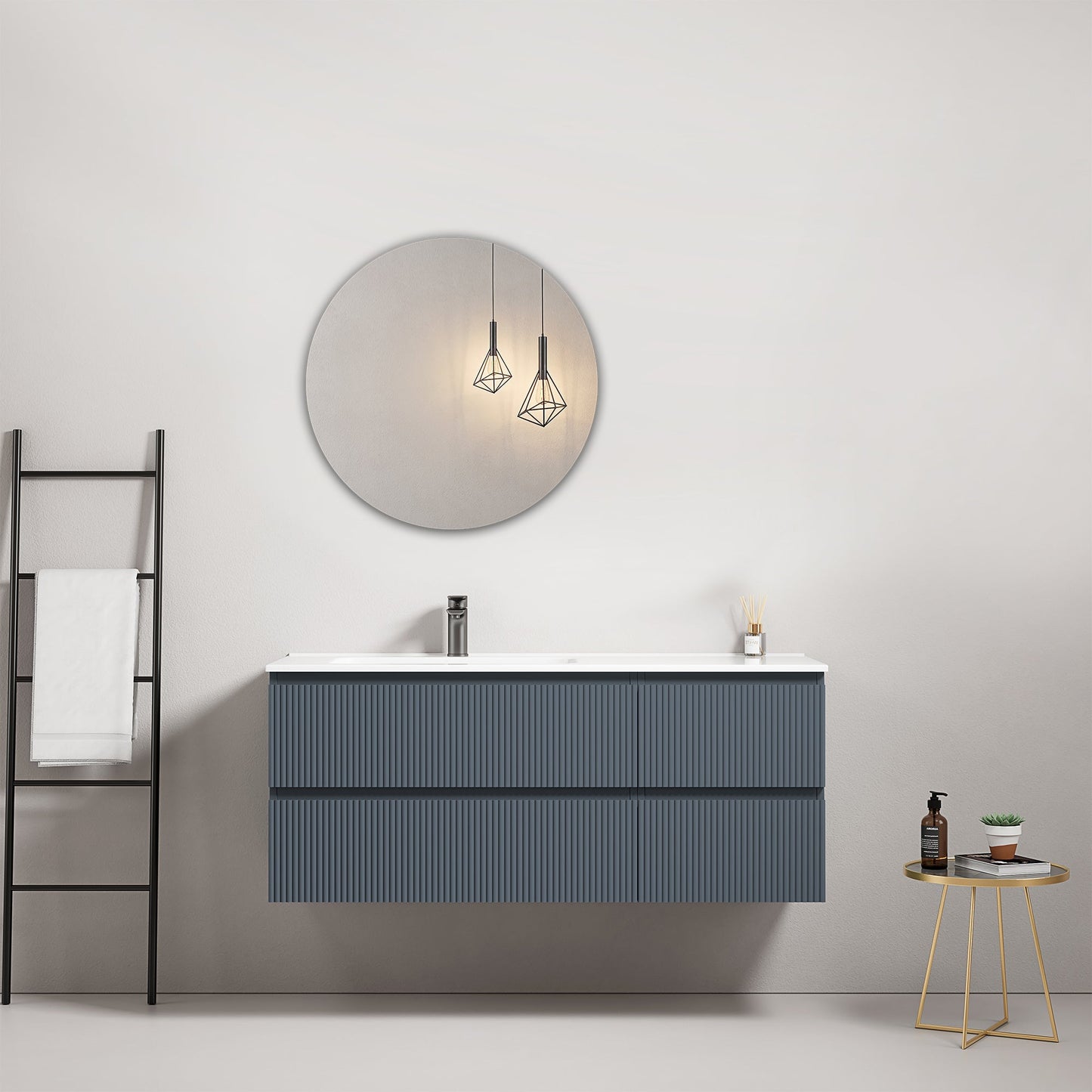 Mobile bagno sospeso cannettato 120 cm Blu Mare Lavabo a Sinistra in Ceramica Specchio Tondo - Fiji Paint