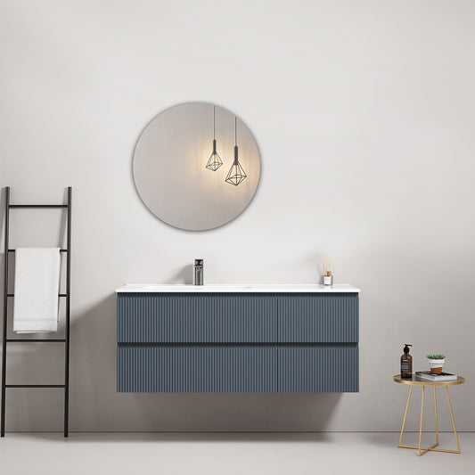 Mobile bagno sospeso cannettato 120 cm Blu Mare Lavabo a Sinistra in Ceramica Specchio Tondo - Fiji Paint