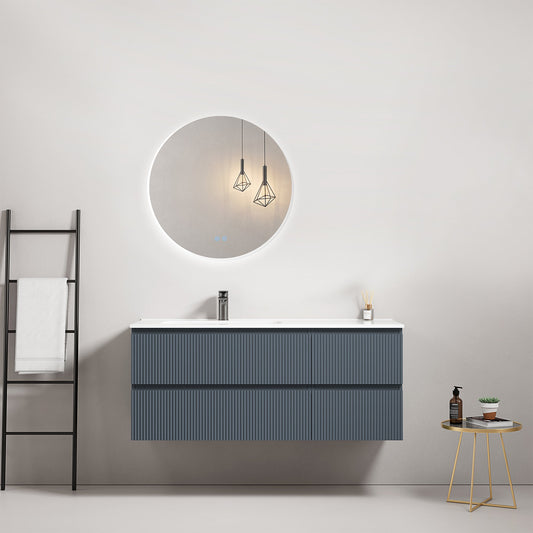Mobile bagno sospeso cannettato 120 cm Blu Mare Lavabo a Sinistra in Ceramica Specchio Tondo Retroilluminato - Fiji Paint