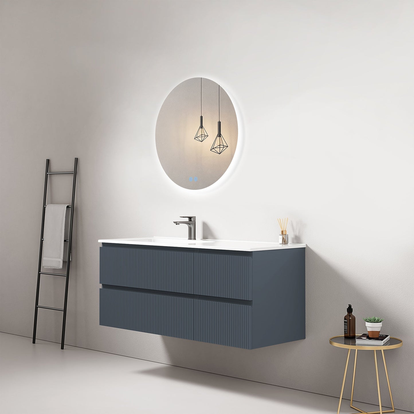Mobile bagno sospeso cannettato 120 cm Blu Mare Lavabo a Sinistra in Ceramica Specchio Tondo Retroilluminato - Fiji Paint.