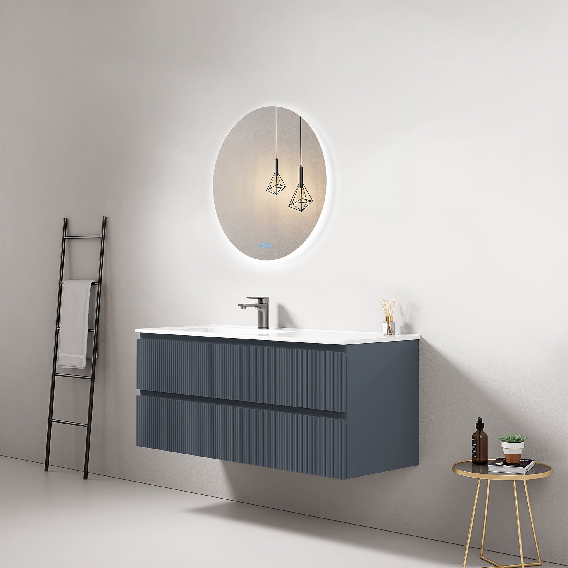 Mobile bagno sospeso cannettato 120 cm Blu Mare Lavabo a Sinistra in Ceramica Specchio Tondo Retroilluminato - Fiji Paint.
