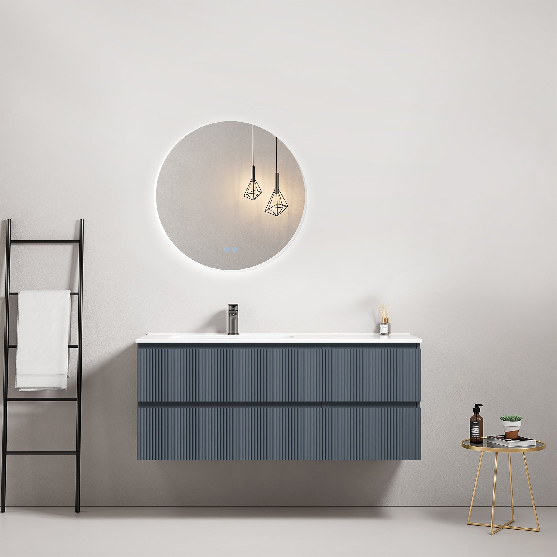 Mobile bagno sospeso cannettato 120 cm Blu Mare Lavabo a Sinistra in Ceramica Specchio Tondo Retroilluminato - Fiji Paint