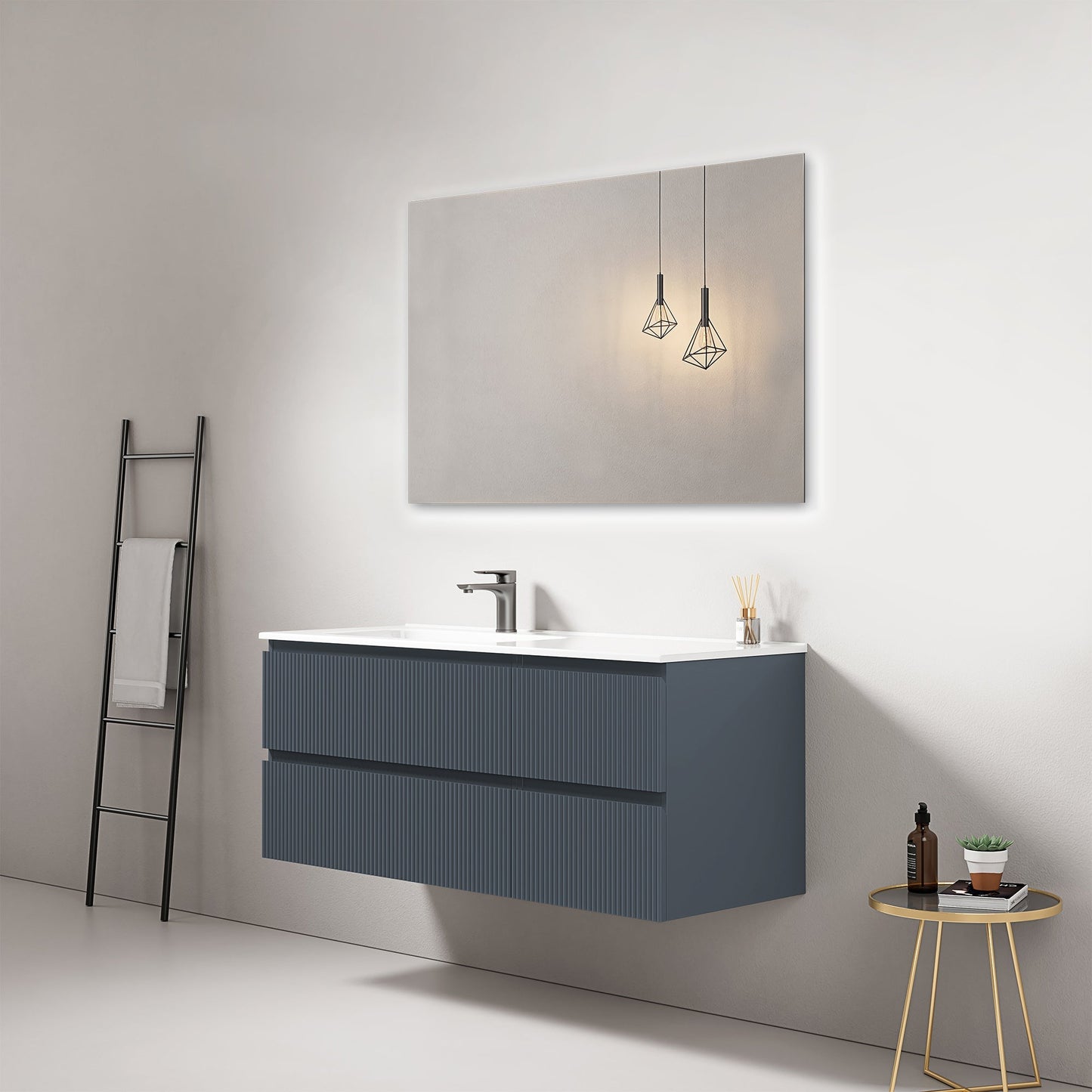 Mobile bagno sospeso cannettato 120 cm Blu Mare Lavabo a Sinistra in Ceramica Specchio Quadro - Fiji Paint