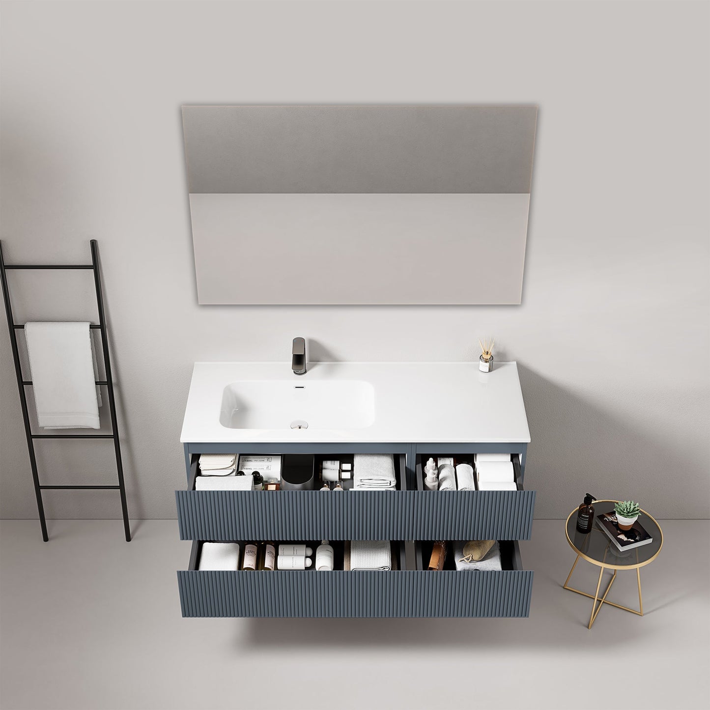 Mobile bagno sospeso cannettato 120 cm Blu Mare Lavabo a Sinistra in Ceramica Specchio Quadro - Fiji Paint