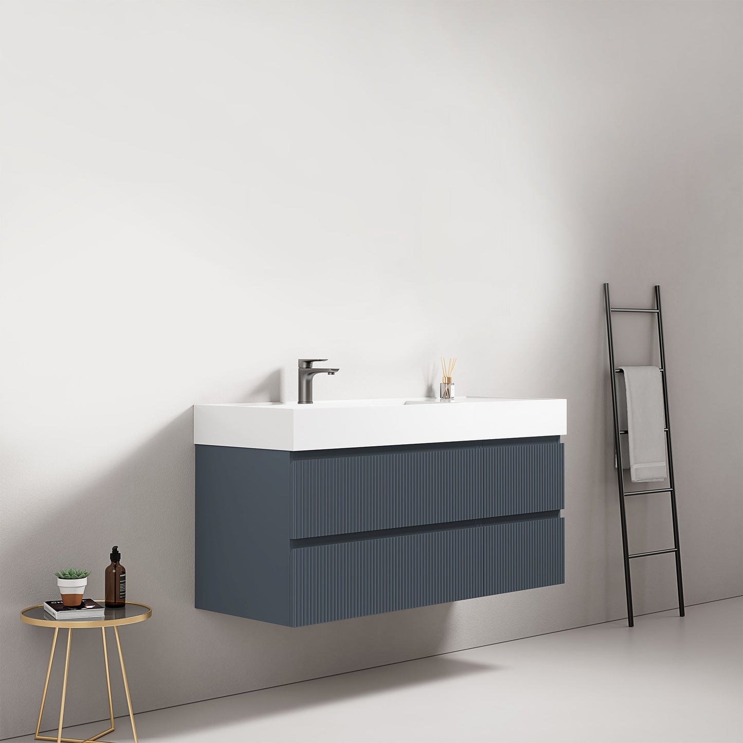 Mobile bagno sospeso cannettato 120 cm Blu Mare Lavabo a Sinistra in Resina Senza Specchio - Fiji Paint