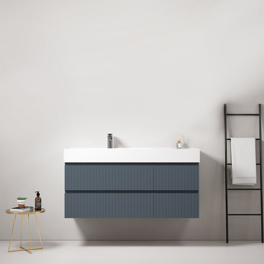 Mobile bagno sospeso cannettato 120 cm Blu Mare Lavabo a Sinistra in Resina Senza Specchio - Fiji Paint