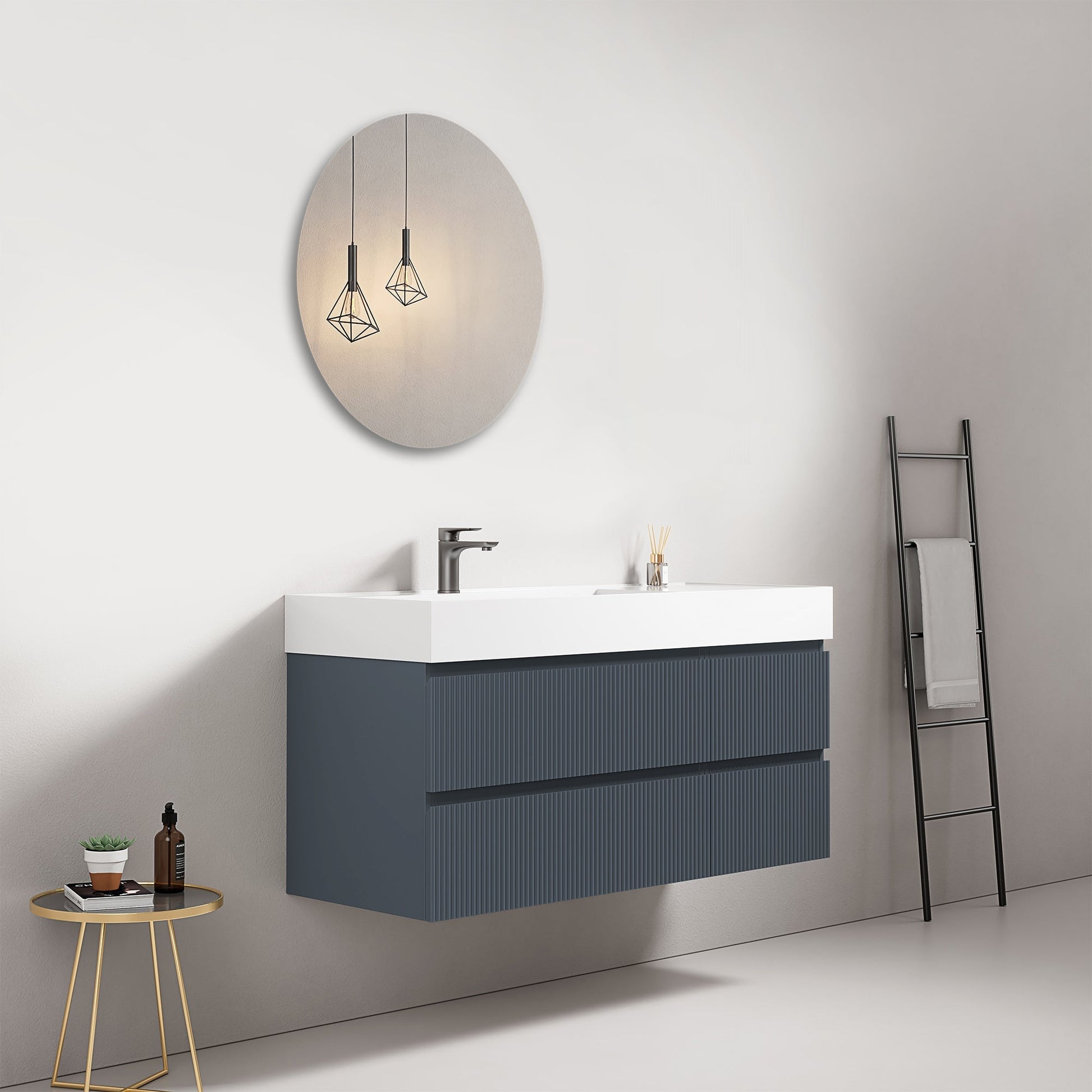 Mobile bagno sospeso cannettato 120 cm Blu Mare Lavabo a Sinistra in Resina Specchio Tondo - Fiji Paint