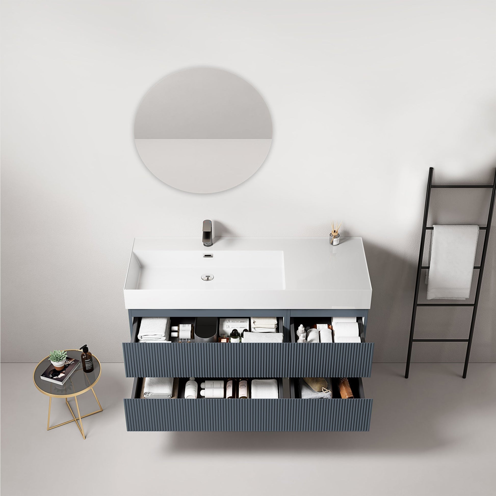 Mobile bagno sospeso cannettato 120 cm Blu Mare Lavabo a Sinistra in Resina Specchio Tondo - Fiji Paint