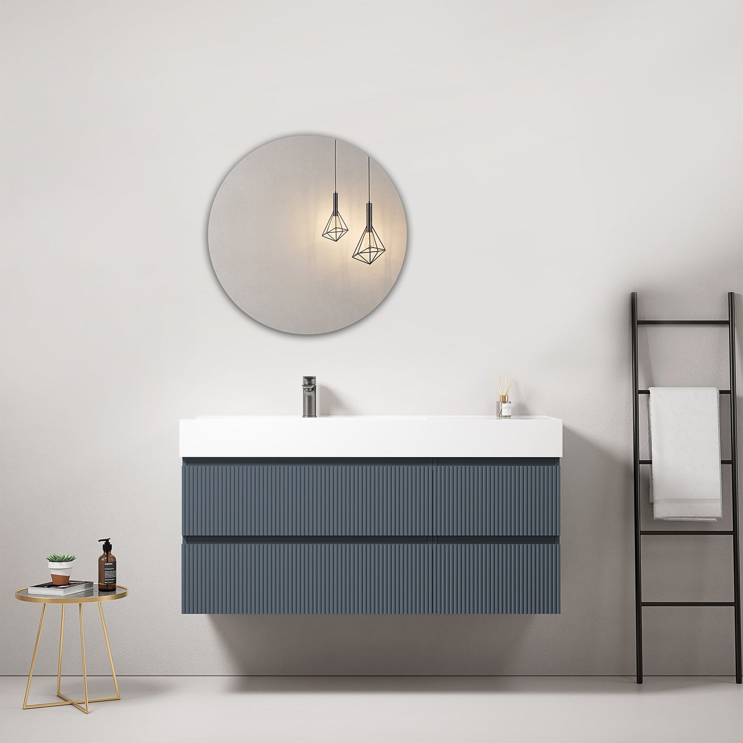 Mobile bagno sospeso cannettato 120 cm Blu Mare Lavabo a Sinistra in Resina Specchio Tondo - Fiji Paint