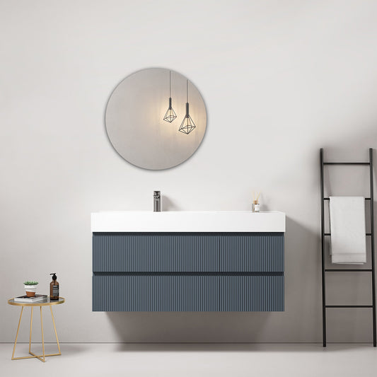 Mobile bagno sospeso cannettato 120 cm Blu Mare Lavabo a Sinistra in Resina Specchio Tondo - Fiji Paint