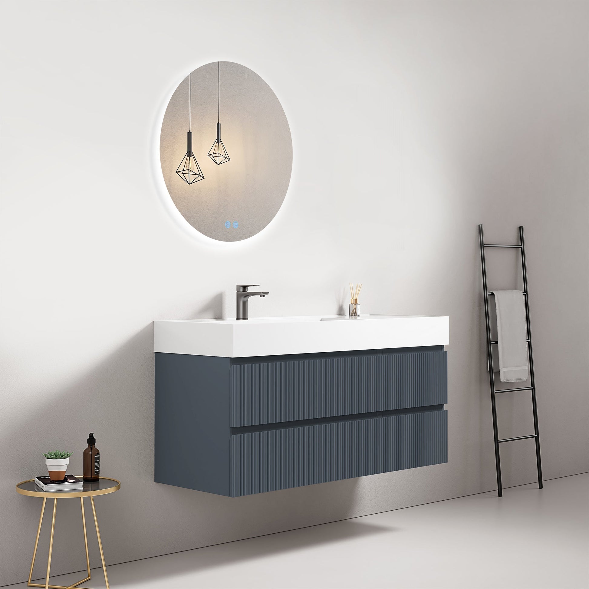 Mobile bagno sospeso cannettato 120 cm Blu Mare Lavabo a Sinistra in Resina Specchio Tondo Retroilluminato - Fiji Paint