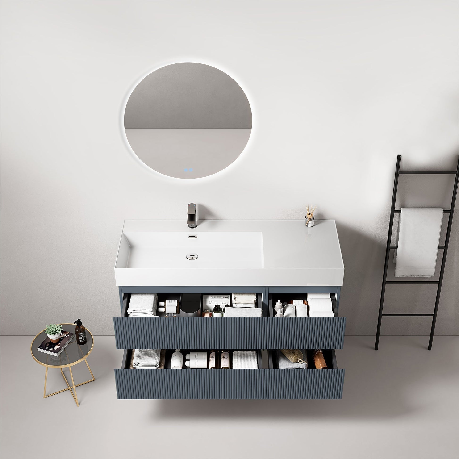 Mobile bagno sospeso cannettato 120 cm Blu Mare Lavabo a Sinistra in Resina Specchio Tondo Retroilluminato - Fiji Paint