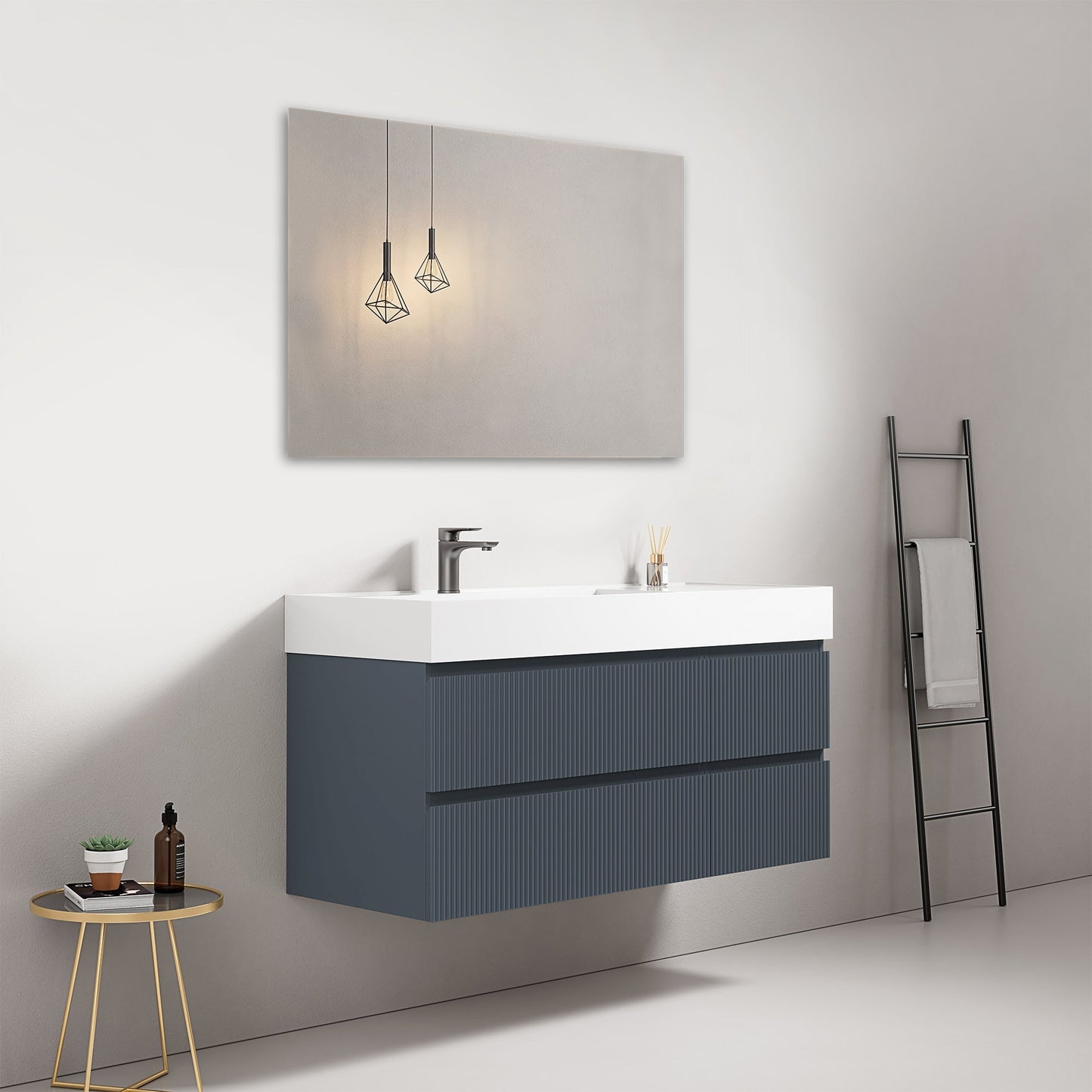 Mobile bagno sospeso cannettato 120 cm Blu Mare Lavabo a Sinistra in Resina Specchio Quadro - Fiji Paint
