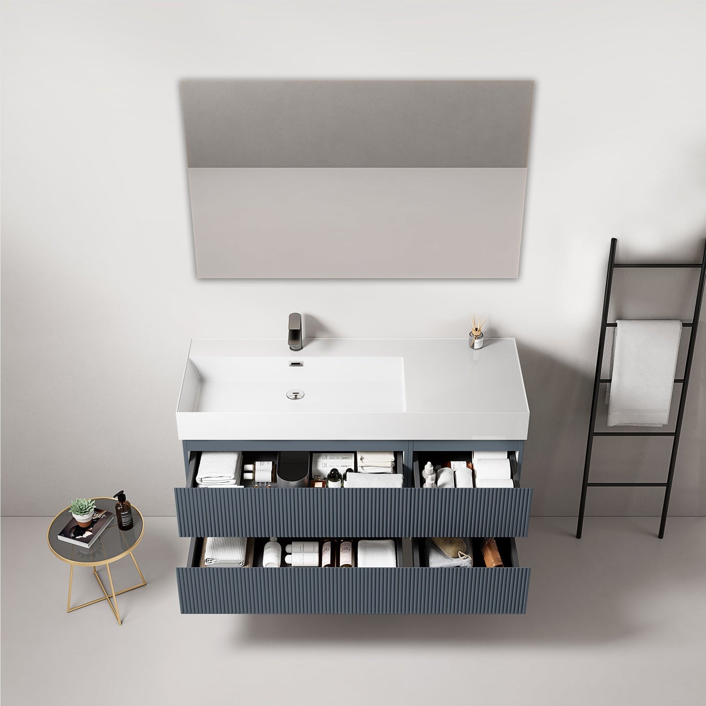 Mobile bagno sospeso cannettato 120 cm Blu Mare Lavabo a Sinistra in Resina Specchio Quadro - Fiji Paint