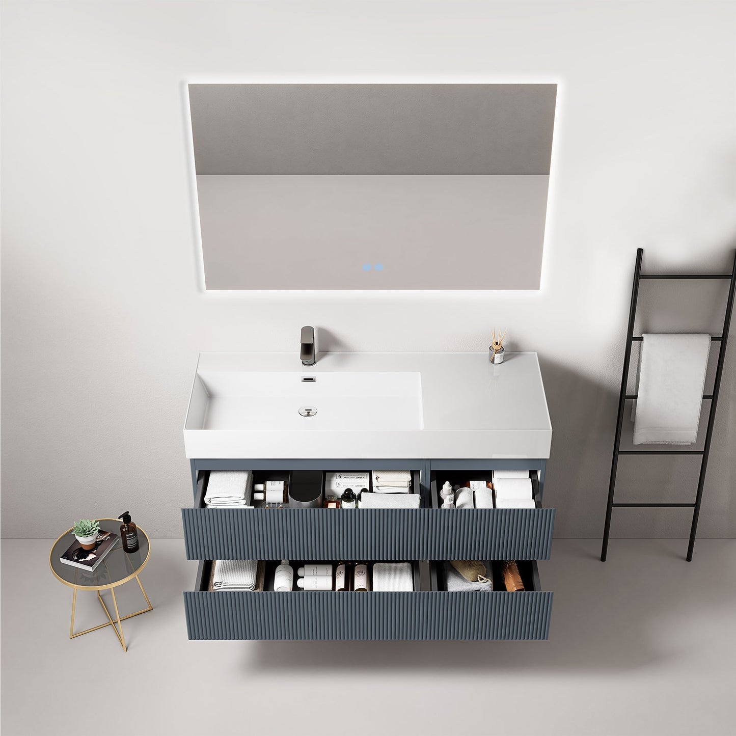 Mobile bagno sospeso cannettato 120 cm Blu Mare Lavabo a Sinistra in Resina Specchio Quadro Retroilluminato - Fiji Paint