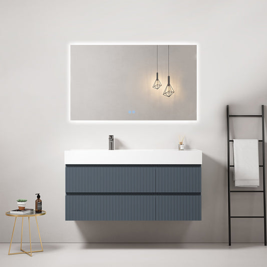 Mobile bagno sospeso cannettato 120 cm Blu Mare Lavabo a Sinistra in Resina Specchio Quadro Retroilluminato - Fiji Paint