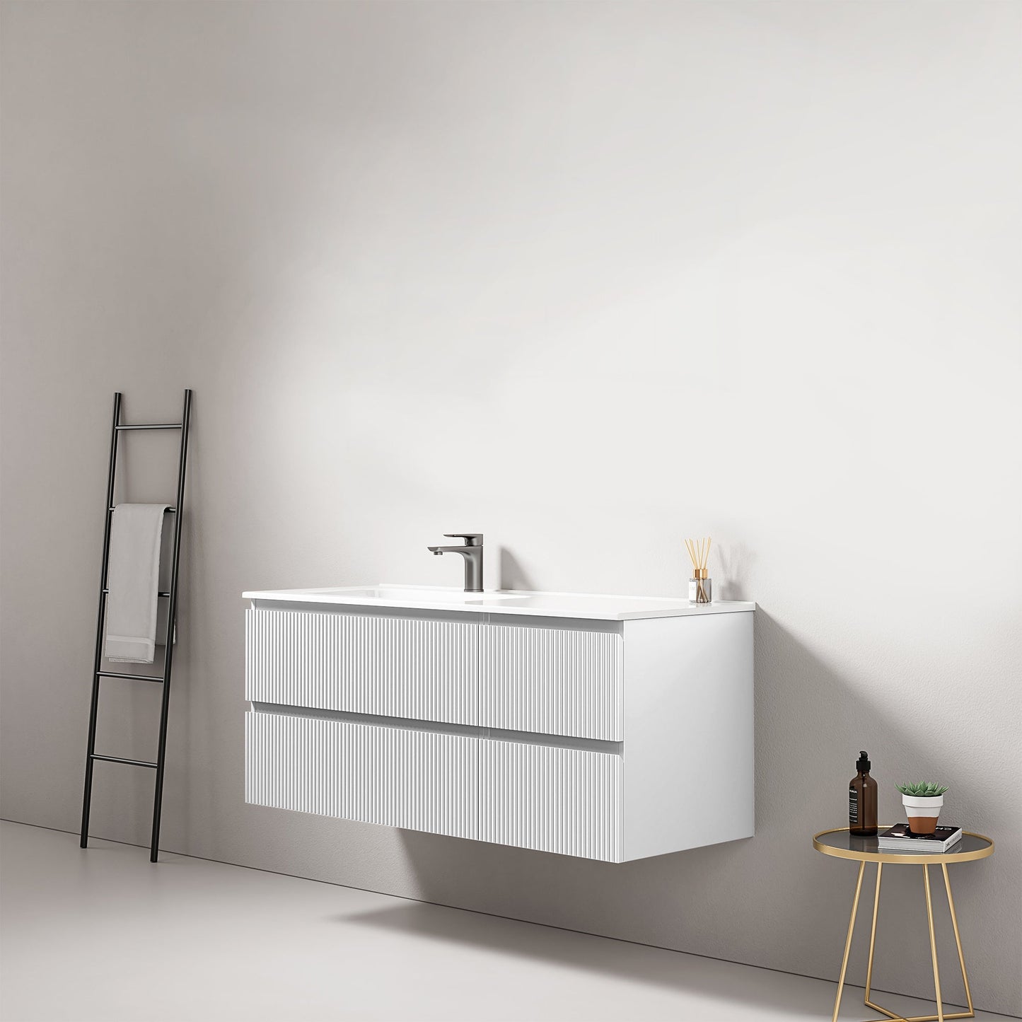 Mobile bagno sospeso cannettato 120 cm Bianco Lavabo a Sinistra in Ceramica Senza Specchio - Fiji Paint